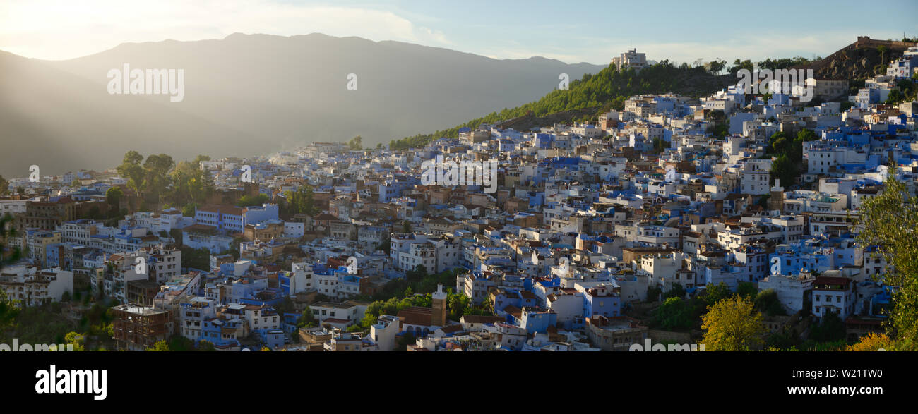 An impressive panoramic view of the painted blue and famous Chefchaouen city in Morocco Stock Photo