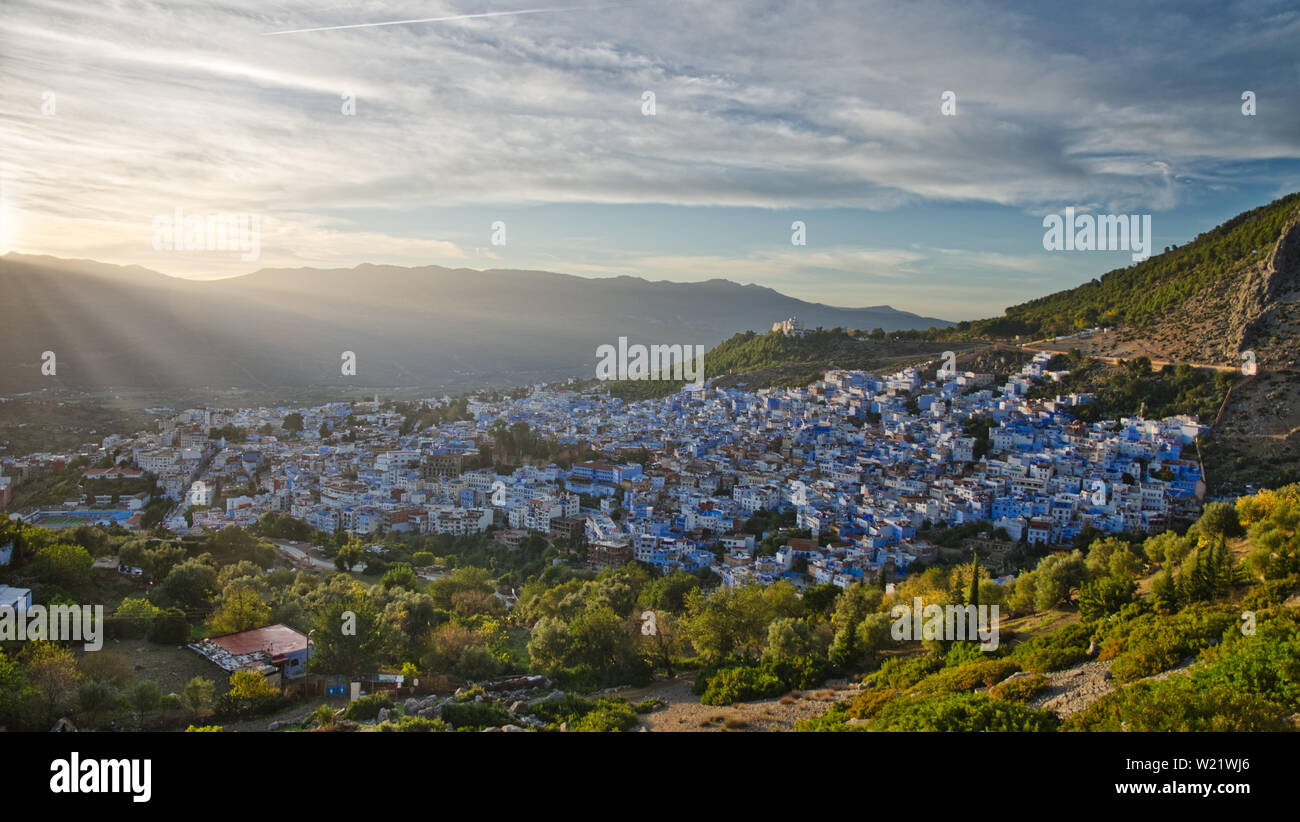 An impressive panoramic view of the painted blue and famous Chefchaouen city in Morocco Stock Photo
