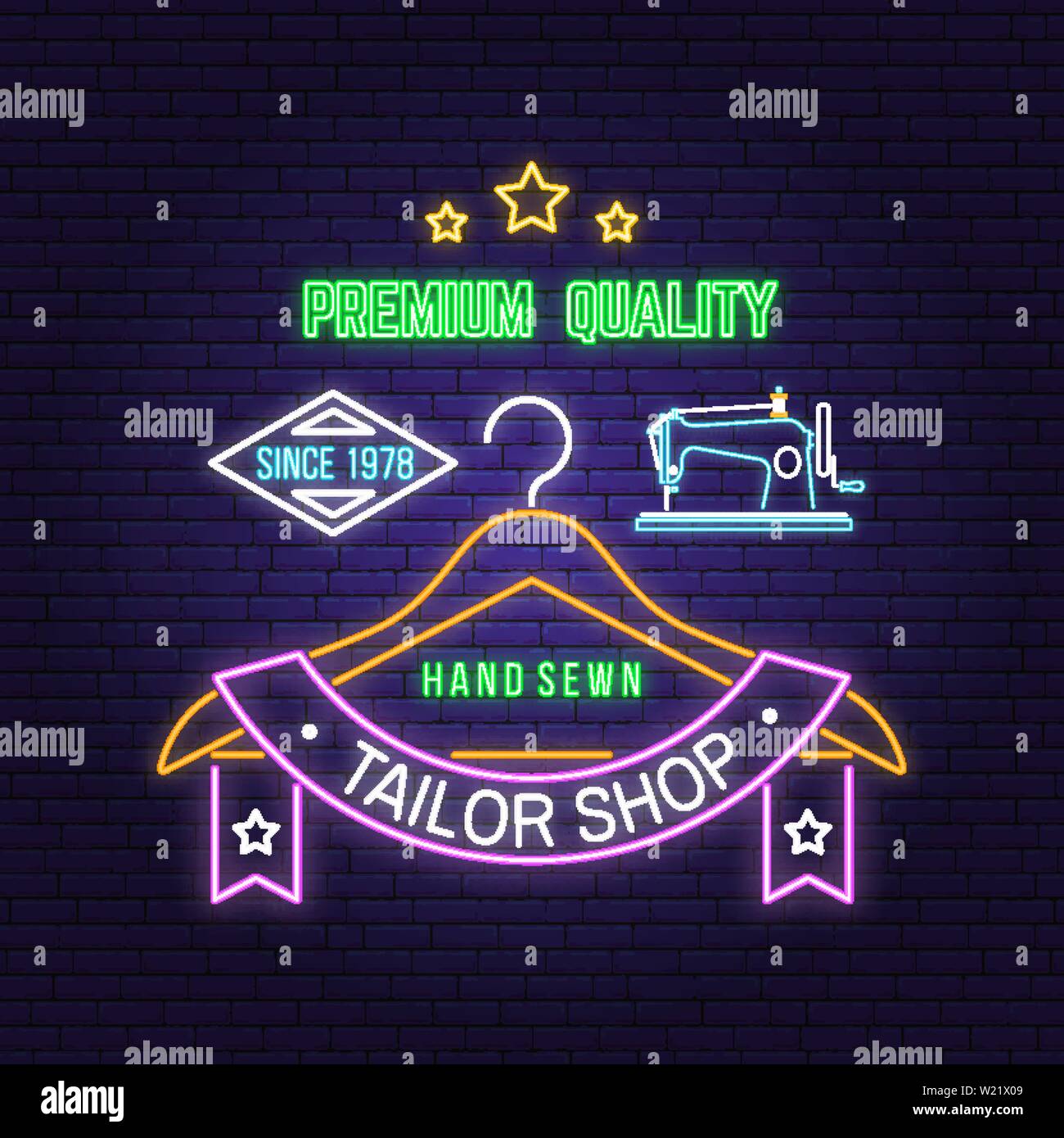 Tailor Shop Neon Design Or Emblem Vector Illustration Night Neon