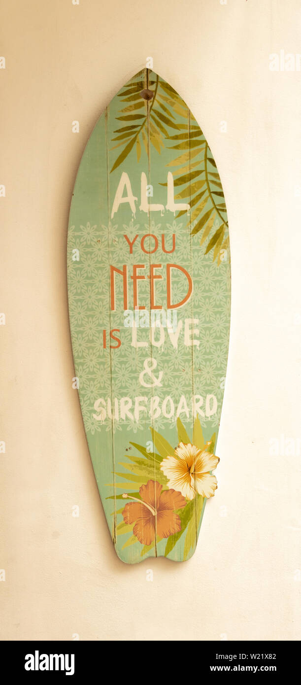 Surfboard with the phrase written in English All you need is love and surfboard Stock Photo