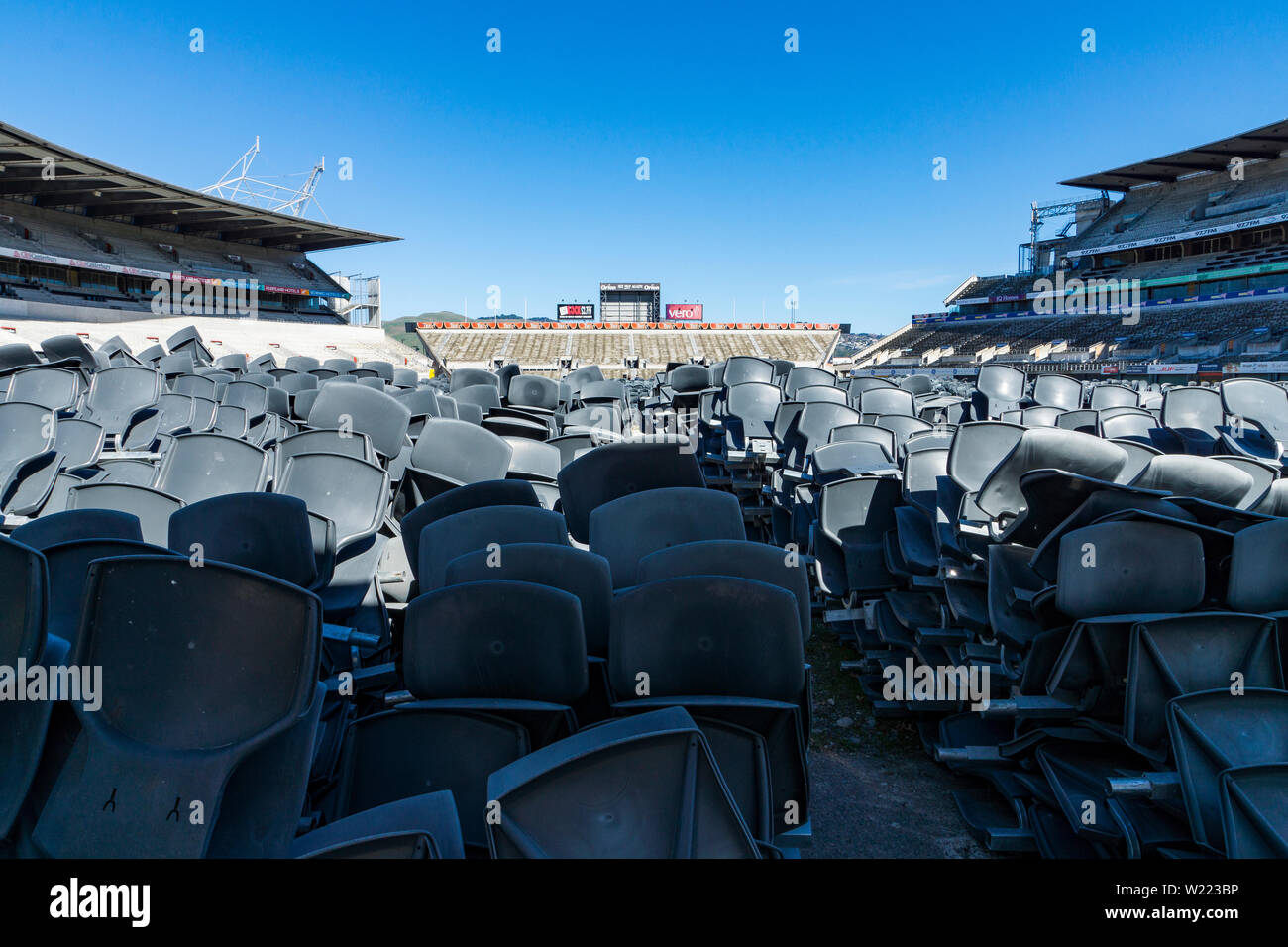 Lancaster Park stadium in Christchurch New Zealand before its demolition due to 2011 earthquake damage, showing detail of stacked seats. Stock Photo