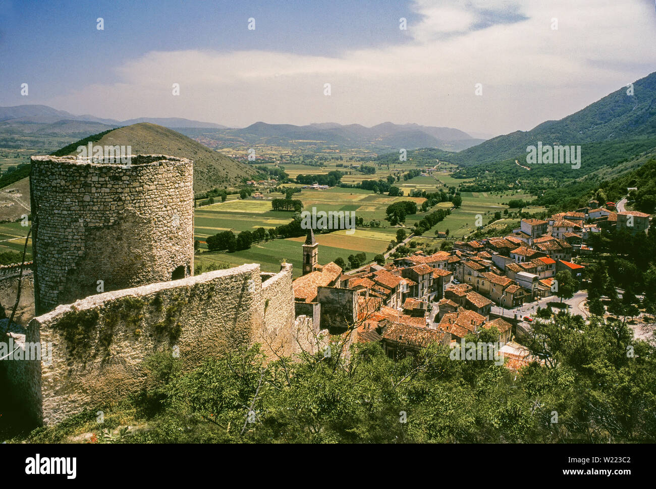 View of the Fossa village with its castle. Abruzzo, Italy, Europe Stock Photo