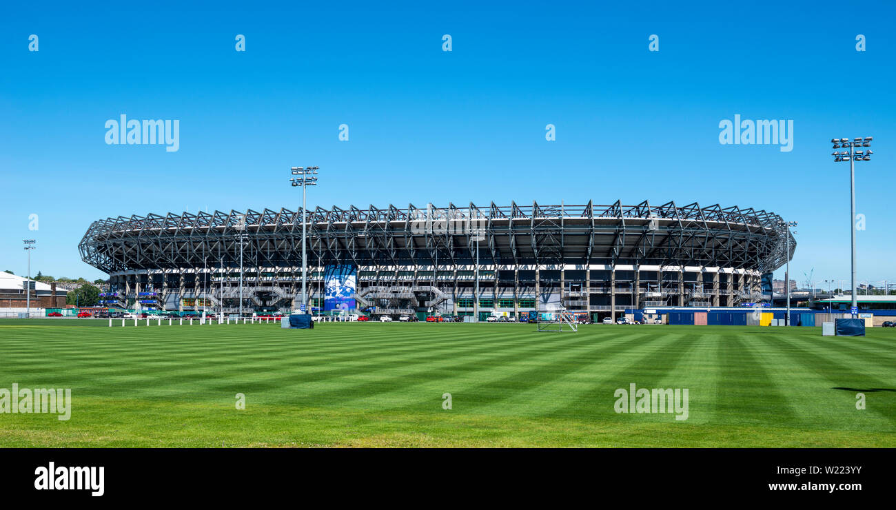 View towards West Stand at Murrayfield Stadium, home to Scottish Rugby, in Murrayfield area of Edinburgh, Scotland, UK Stock Photo