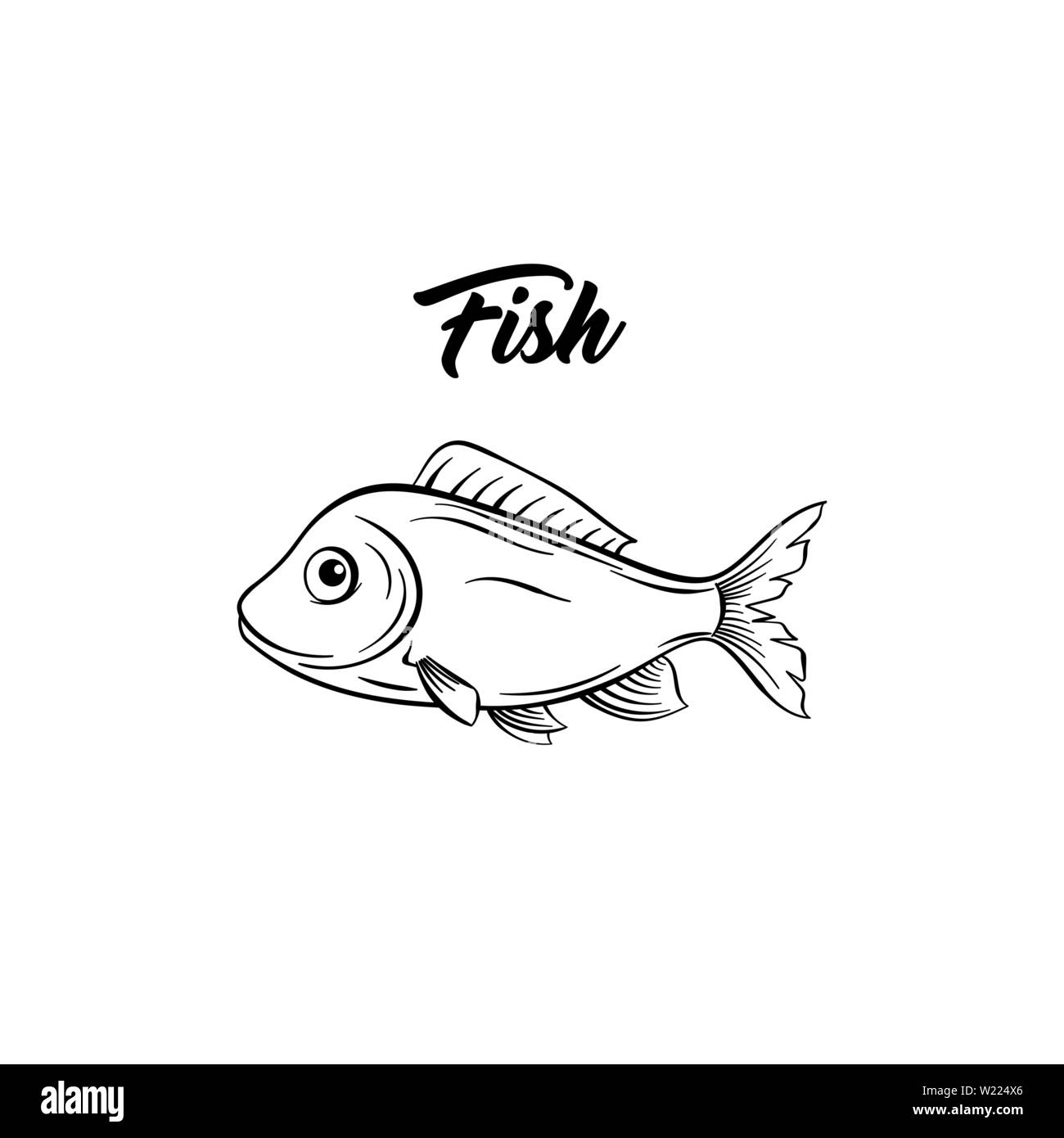 Black and white fish drawing. Simple hand drawn fish illustration