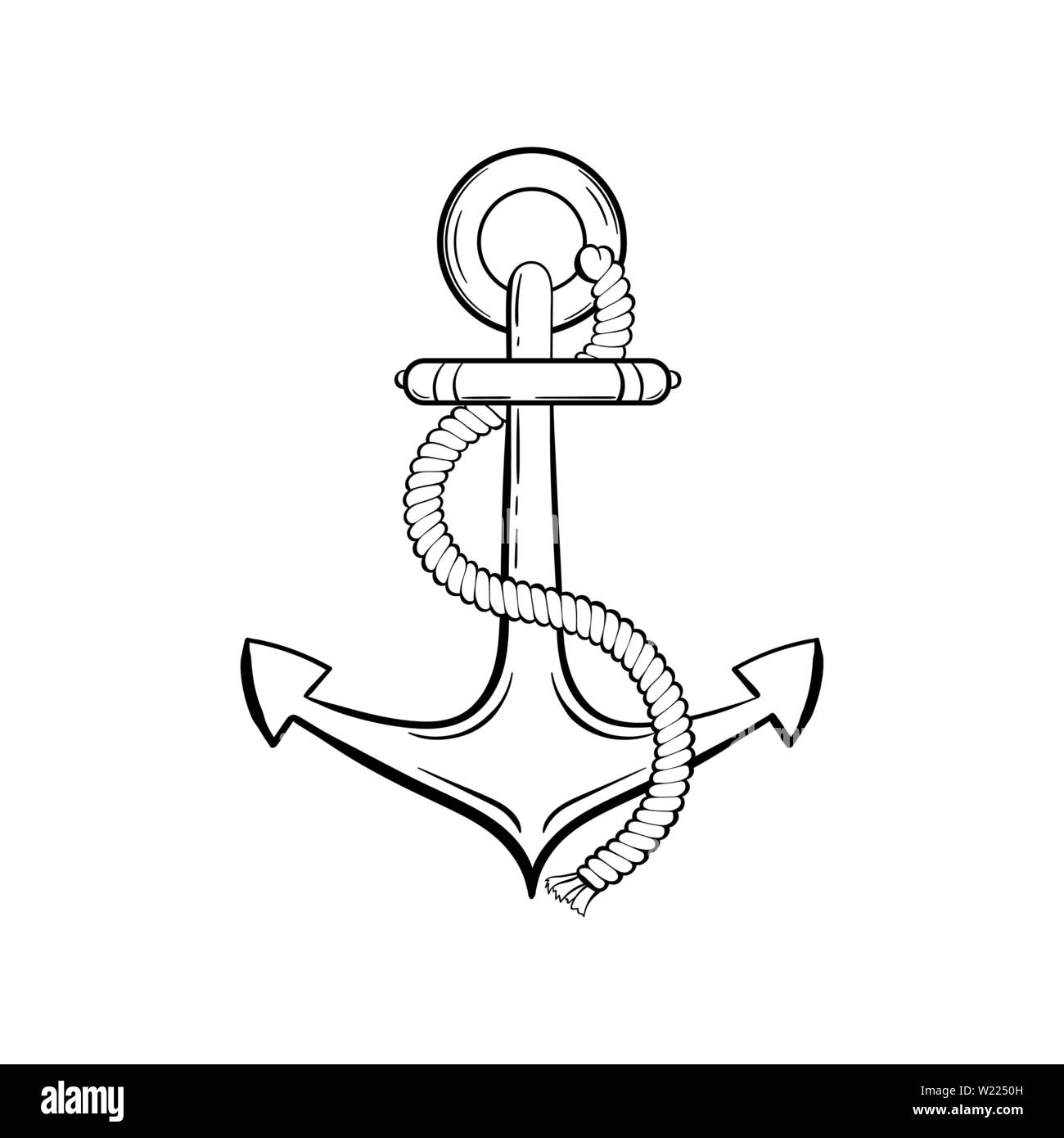 Anchor with rope black ink vector illustration. Sea boat, yacht, ship safety equipment sketch. Ancient anchor vintage engraving. Marine adventure symbol. Sailing club logo, poster design element Stock Vector