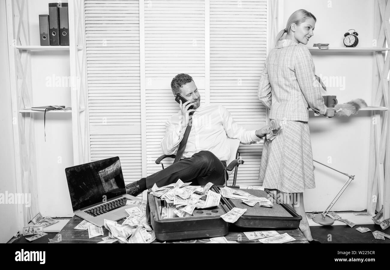 Equal rights for education work and salary. Gender discrimination in business life. Female discrimination at workplace. Woman cleaning up office while boss counting money. Discrimination concept. Stock Photo