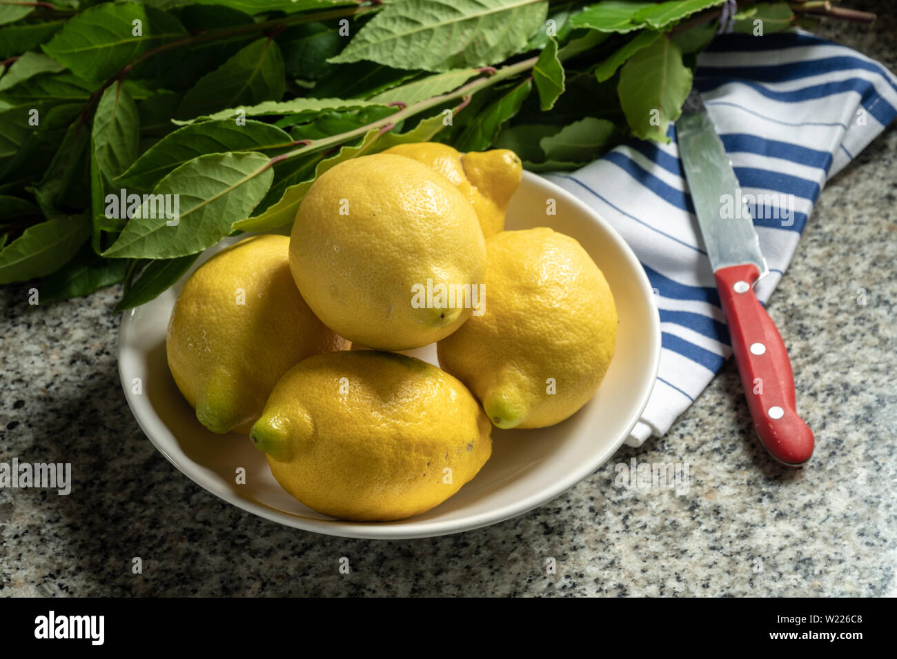Fresh organic lemons in a bowl. Citrus fruit Stock Photo