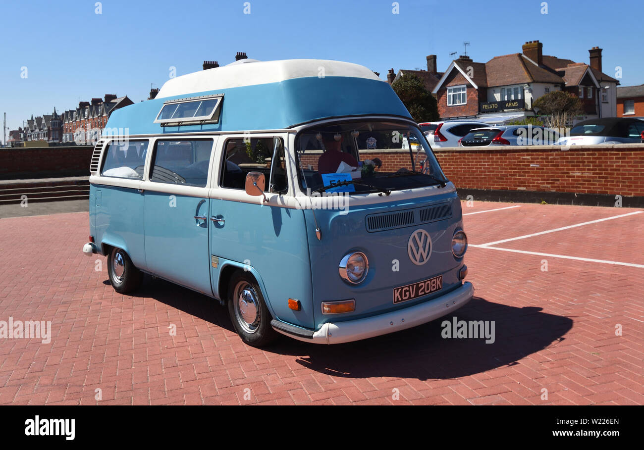 Classic Blue Volkswagen High Top  Camper Van . Stock Photo