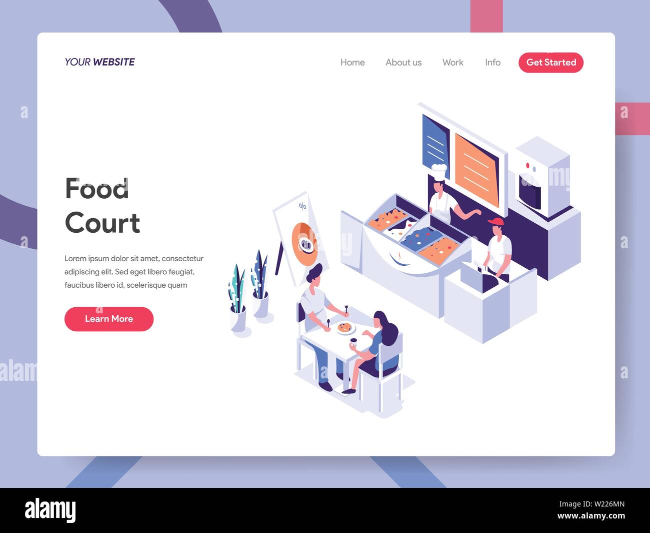 Landing page template of Food Court Illustration Concept. Isometric flat design concept of web page design for website and mobile website Stock Vector