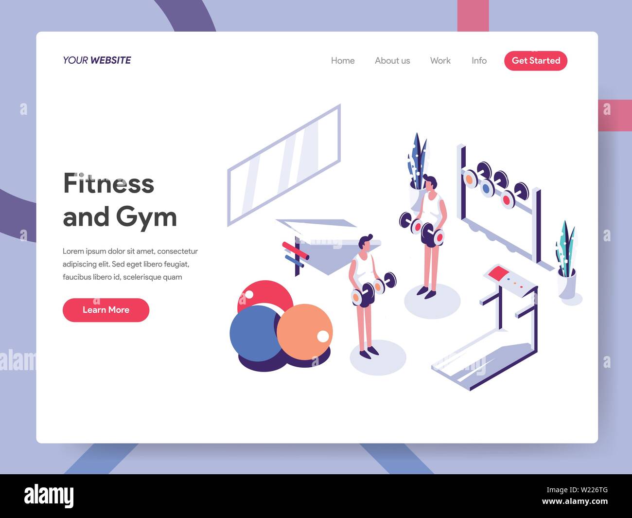 Landing page template of Fitness and Gym Illustration Concept. Isometric flat design concept of web page design for website and mobile website Stock Vector