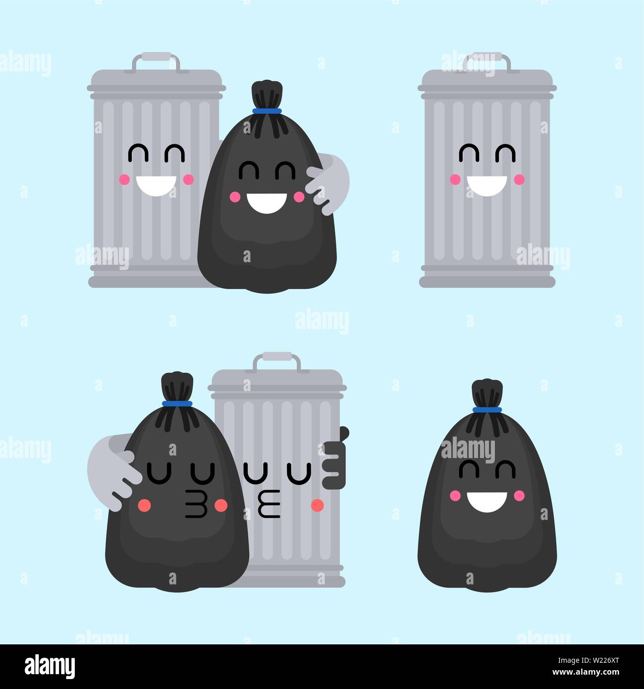 Trashcan and garbage bag friends. Trash can and black sack couple