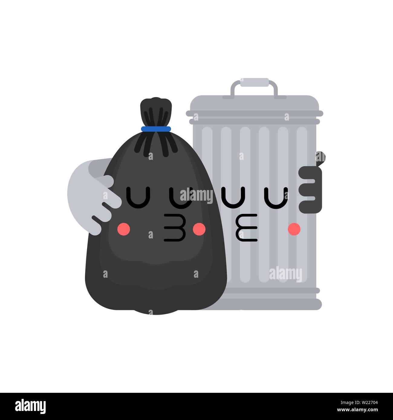 Trashcan and garbage bag friends. Trash can and black sack couple