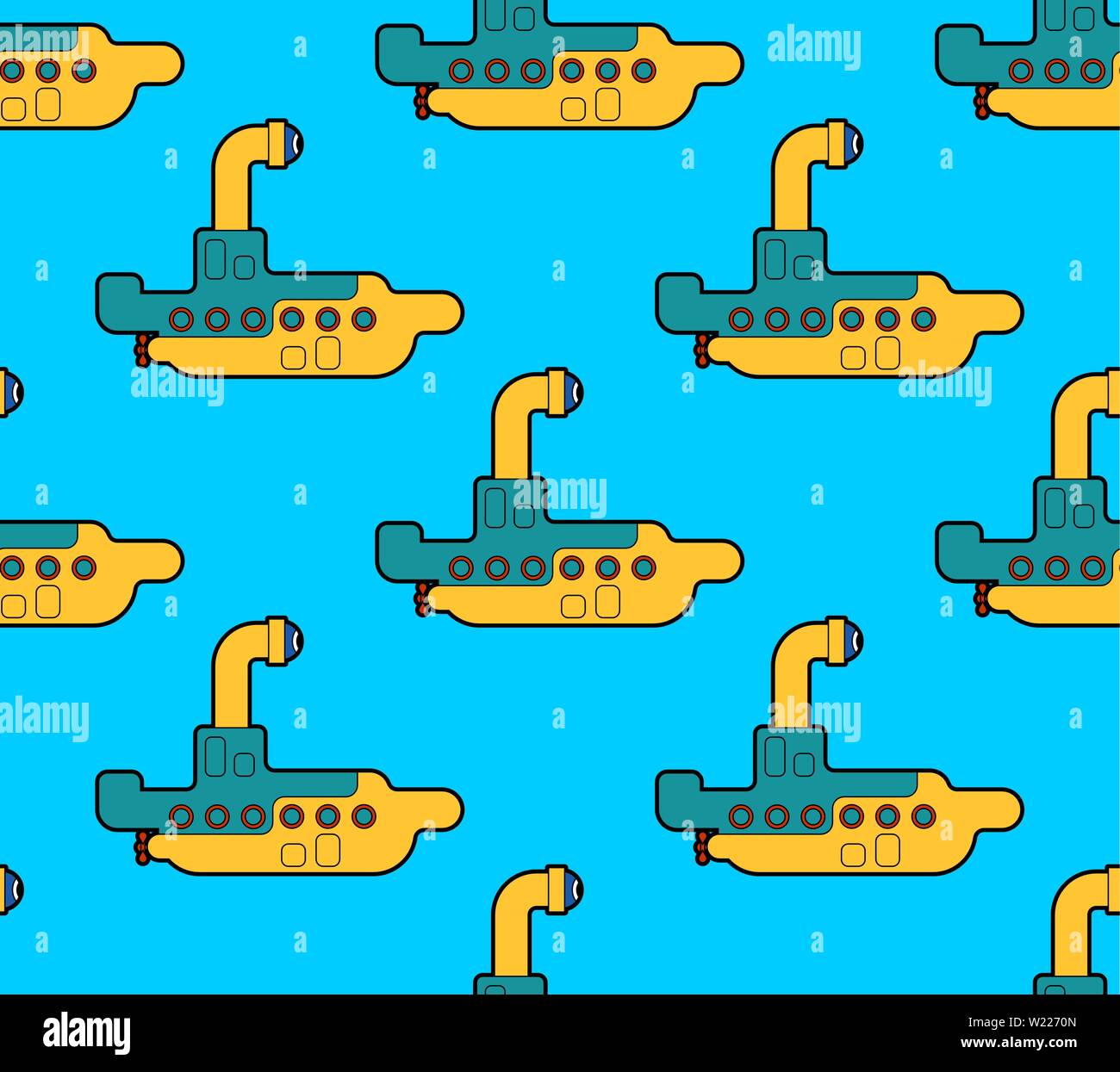 Submarine cartoon pattern seamless. Ship for underwater diving background . Vector texture Stock Vector