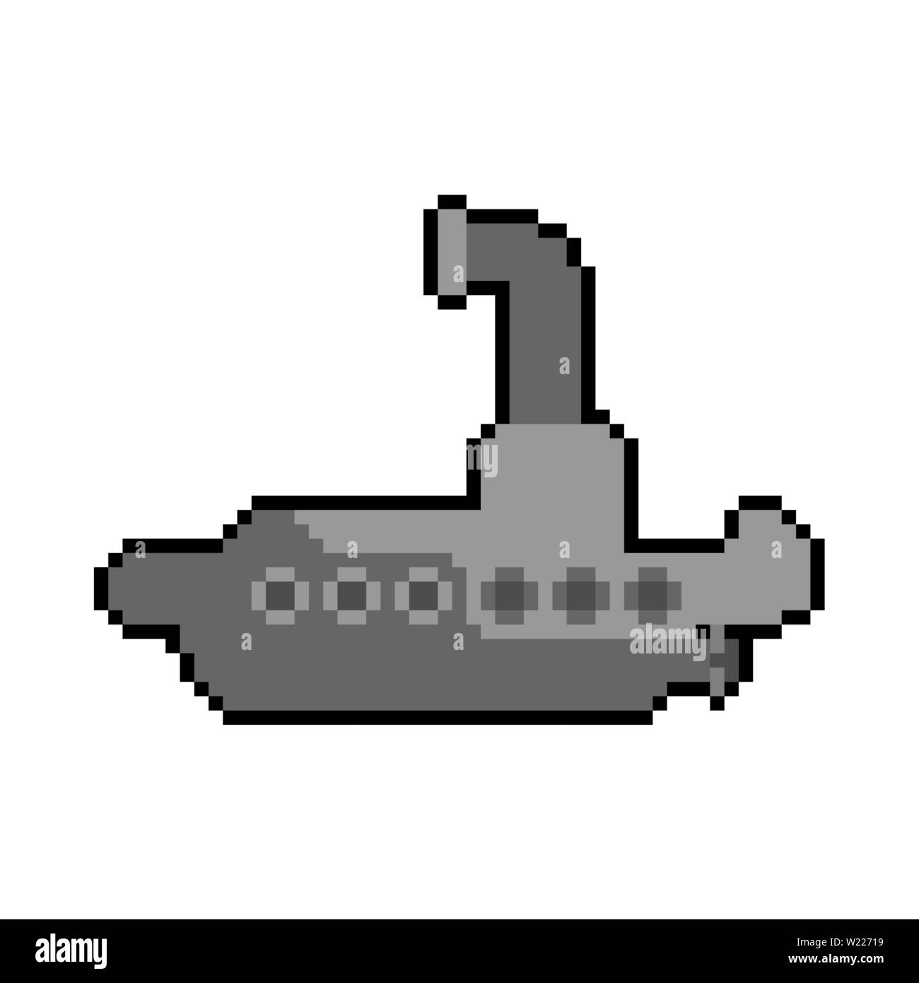 Submarine pixel art. Ship for underwater diving 8 bit. Vector illustration Stock Vector