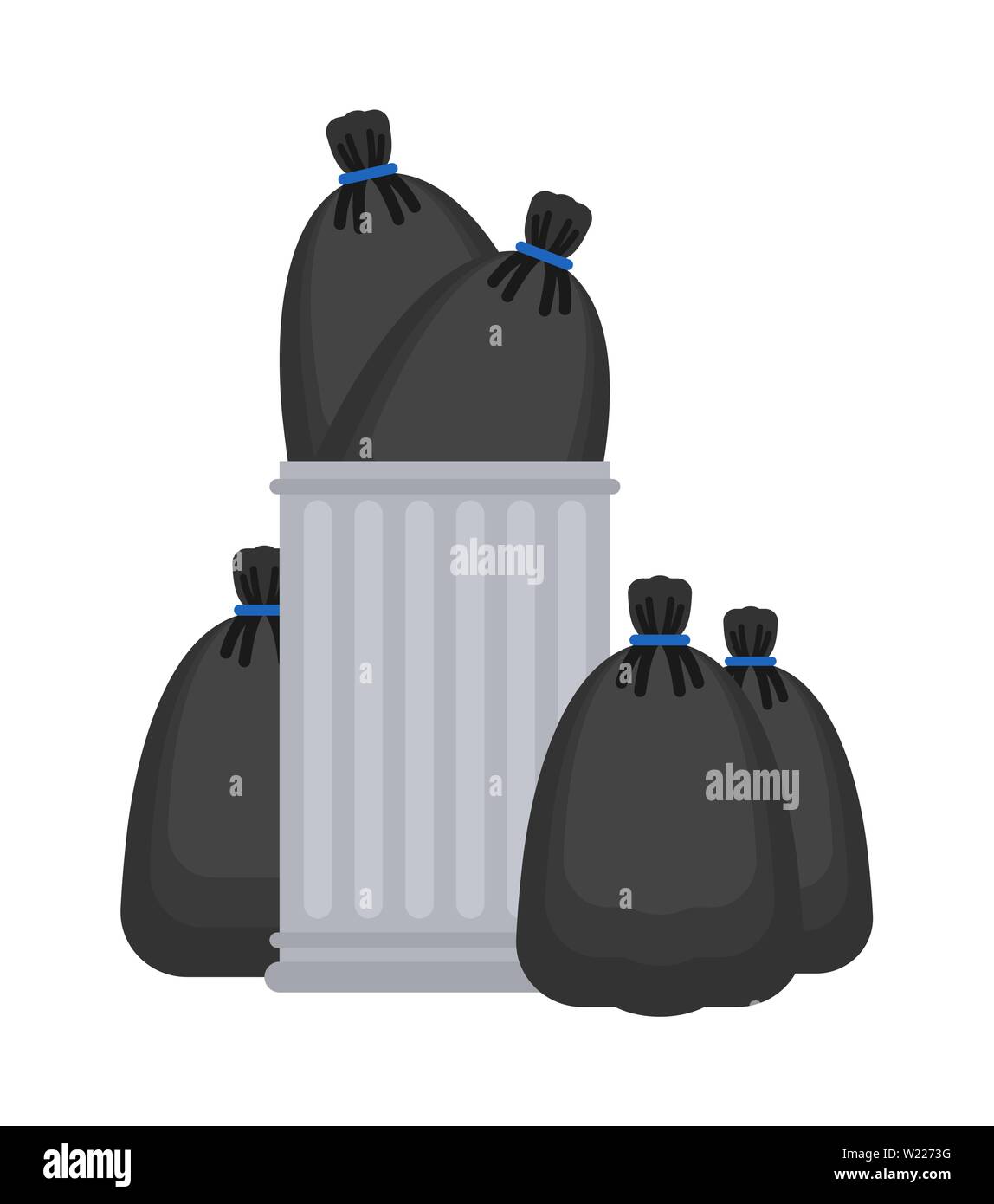 Trashcan and garbage bag. Trash can and black sack. rubbish bin Vector