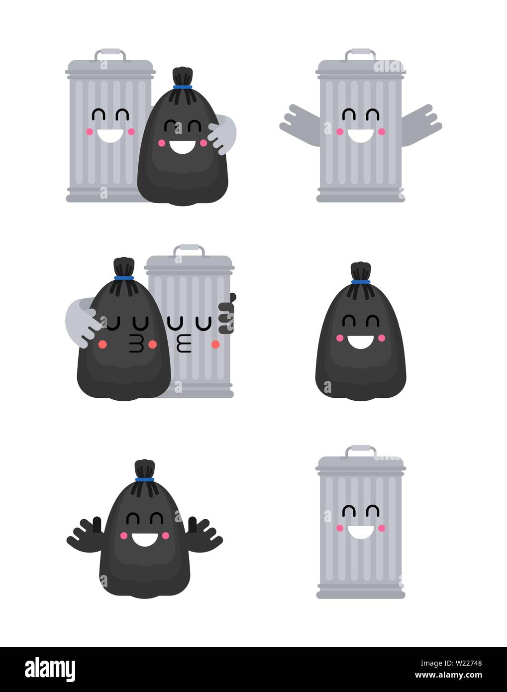 Trashcan and garbage bag friends. Trash can and black sack couple