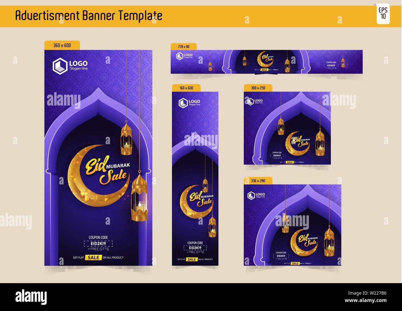 5 Eid Mubarak Sale Banner Ads Vector Template Design Pack Stock Vector
