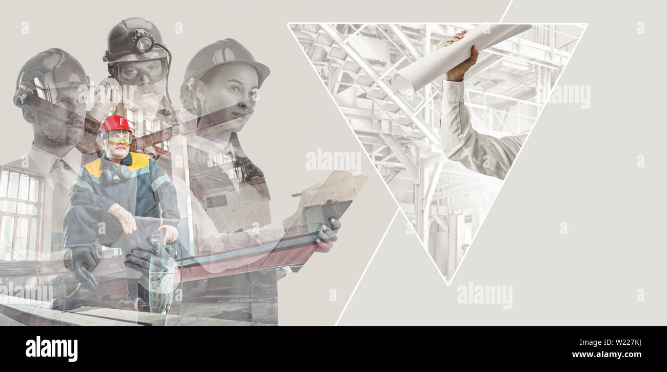 Male and female builders in helmets with double exposure on grey background. Safety specialists, engineers, occupation, job concept. Successfuly done projects. Collage made of 3 people. Stock Photo