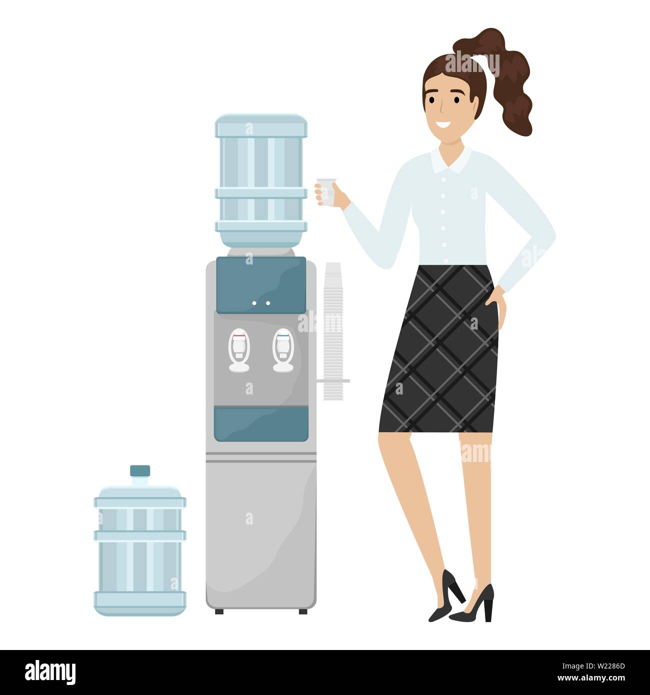 Water cooler with plastic cups. Clean water in the office. Flat illustration. Girl office worker with a glass of water. Stock Vector