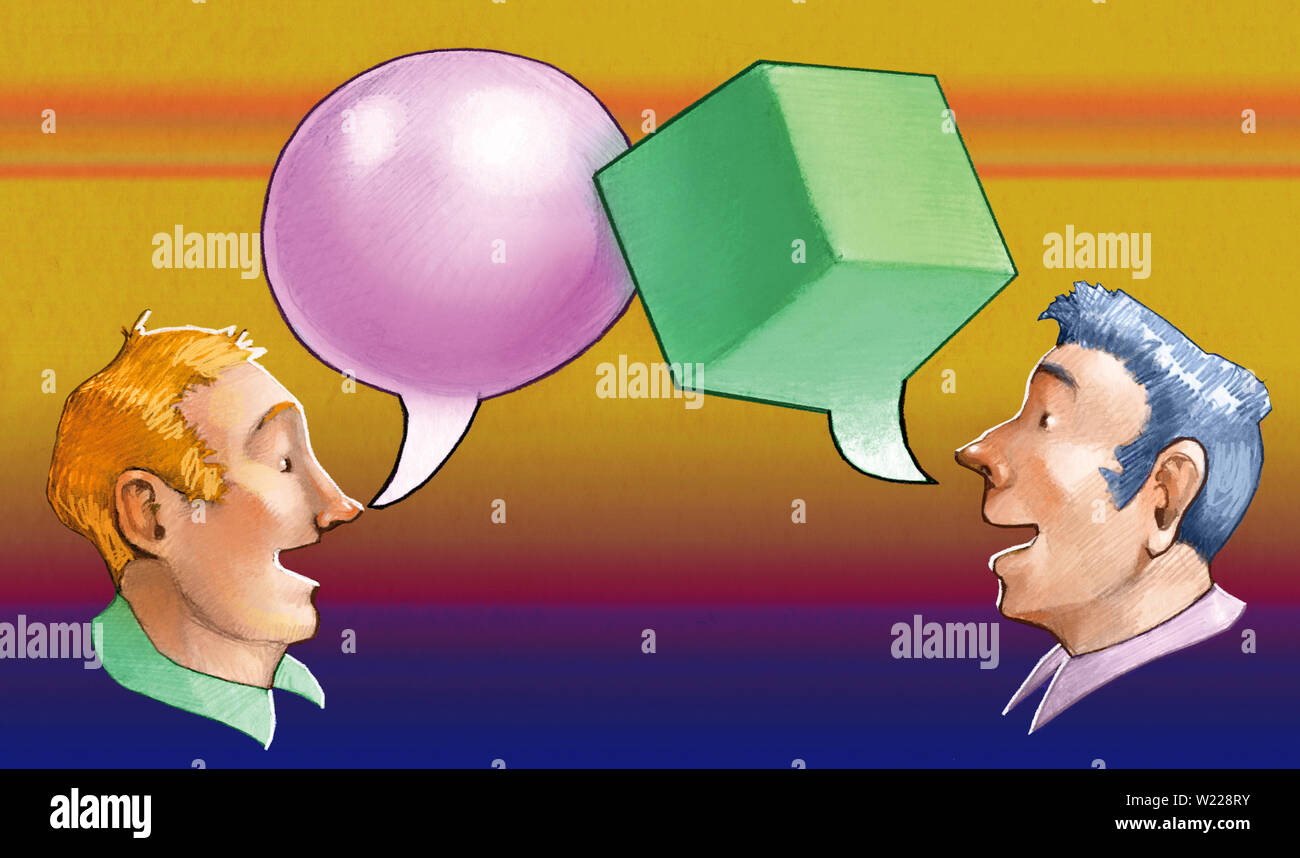 two men profile one has a square comic and the other round metaphor of different languages pencil illustration Stock Photo
