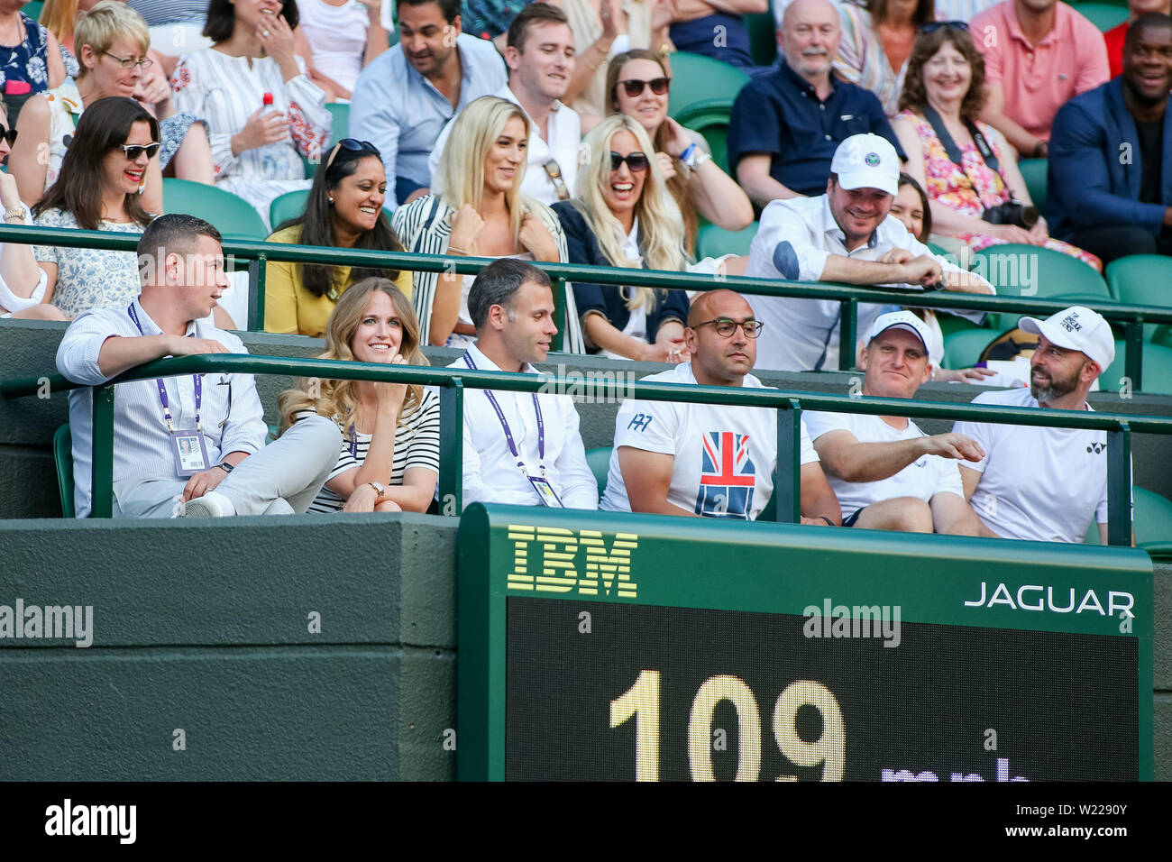 Coaches and families of Great Britain's Andy Murray during the men's doubles first round match of the Wimbledon Lawn Tennis Championships against Marius Copil of Romania and Ugo Humbert of France at the All England Lawn Tennis and Croquet Club in London, England on July 4, 2019. (Photo by AFLO) Stock Photo