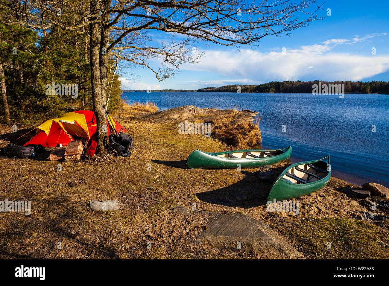 Canoe campsite at Minatangen in the lake Vansjø in Østfold, Norway. Vansjø is a part of the water system called Morsavassdraget. Stock Photo