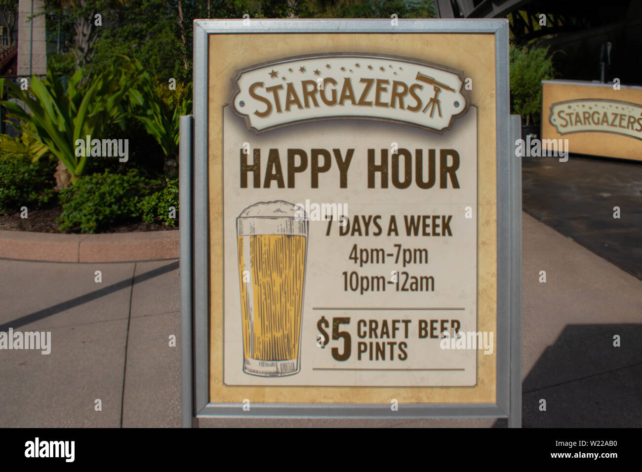 Orlando, Florida. June 15, 2019. Happy Hour sign in Disney Springs at