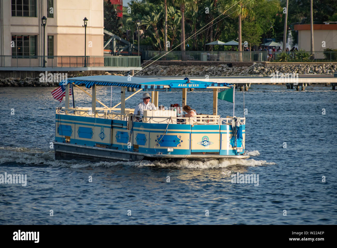 Orlando, Florida. June 15, 2019. Taxi boat sailing in Disney Springs at Lake Buena Vista Stock