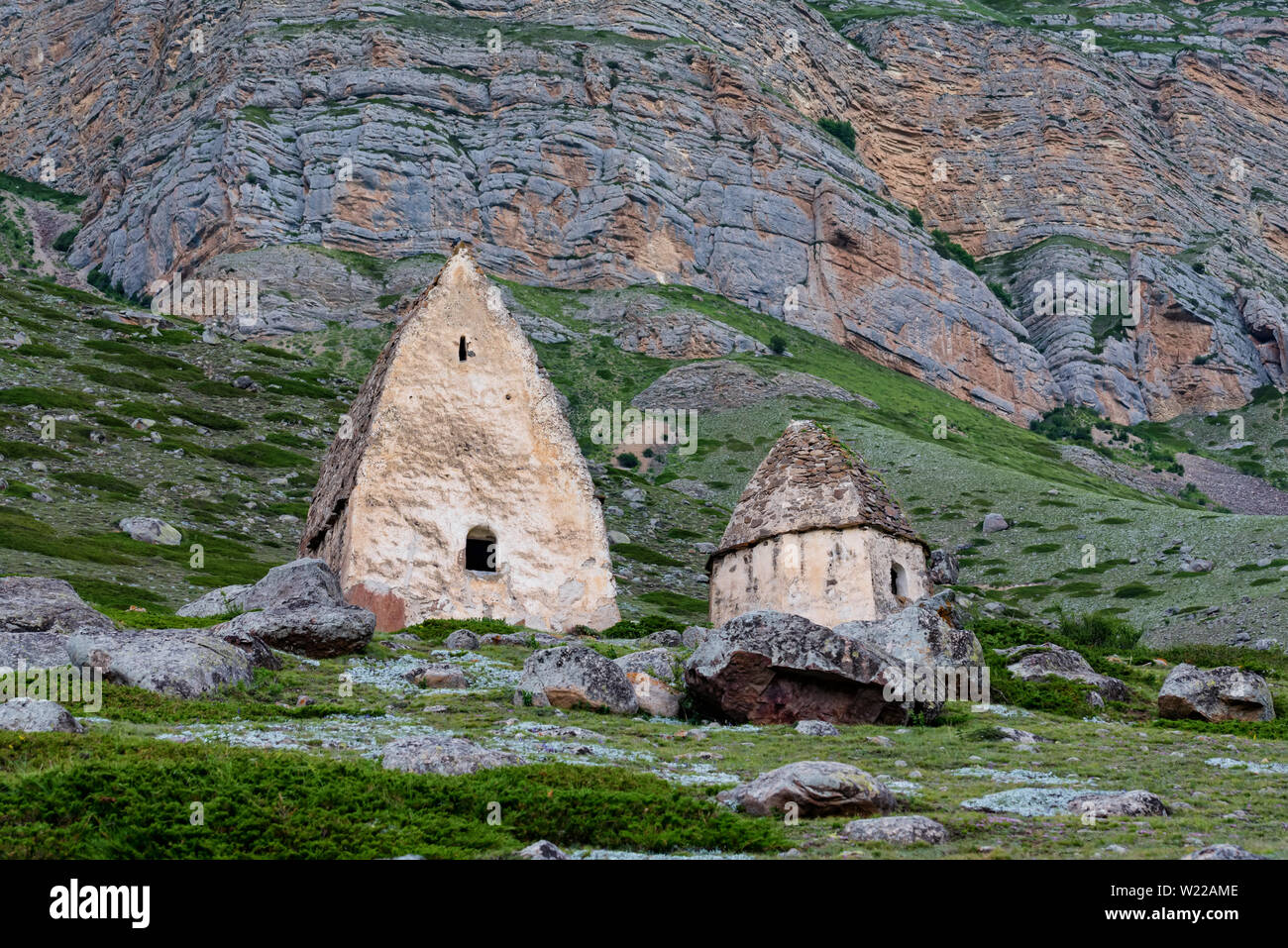 Tombs at medieval cemetery of ancient Alans near the village of Eltyulbyu. Northern Caucasus, Russia. Stock Photo