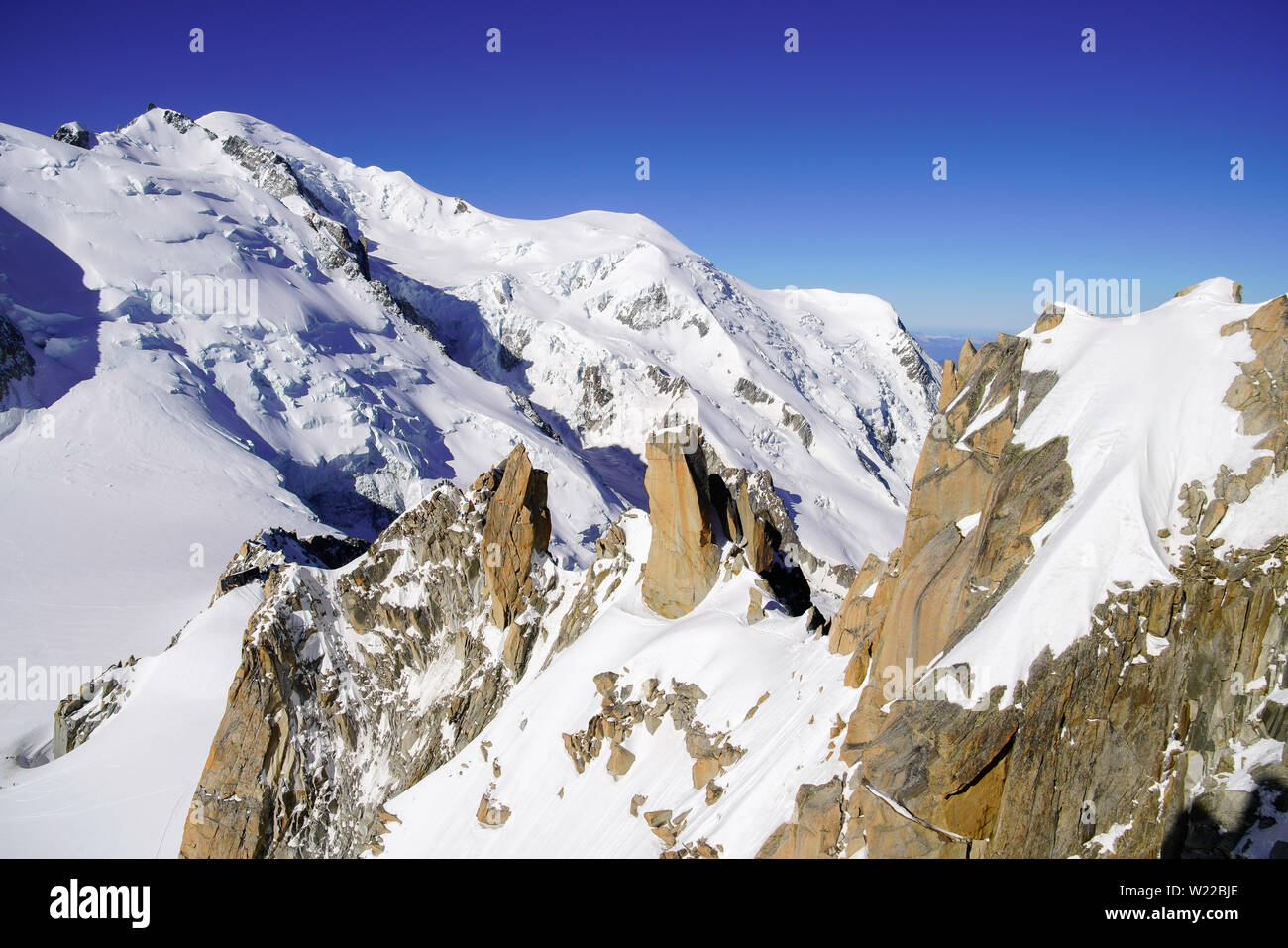 View of Mont Blanc massif in the French Alps above Chamonix. France ...