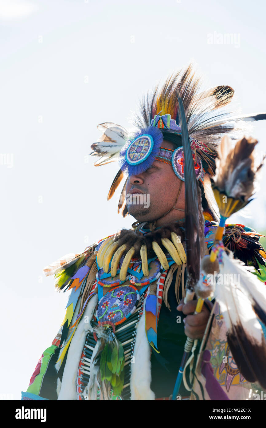 Canada, Ontario, Saint Catharines, Male Aboriginal dressed in traditional North American Indian costume dancing at a Pow Wow Stock Photo