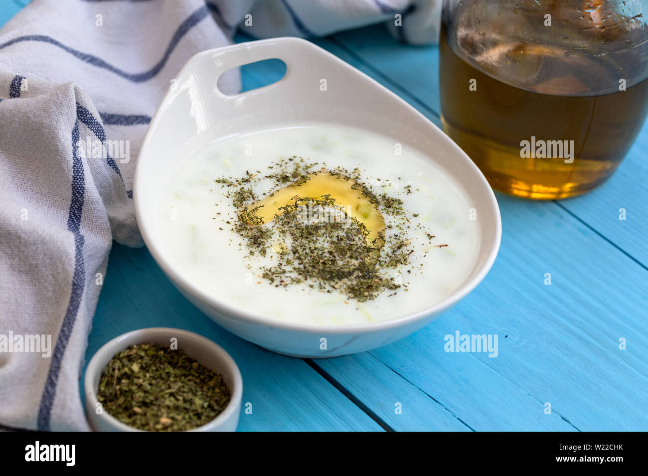 Turkish Cacik Yogurt with Cucumber Slices and Olive Oil (Tzatziki Sauce