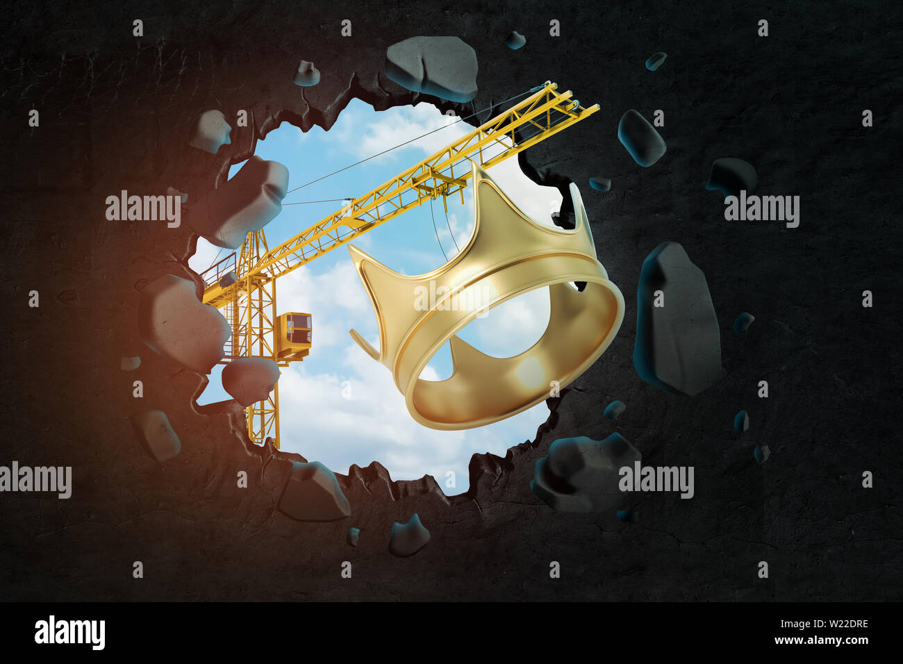 3d rendering of construction crane and golden crown breaking black wall Stock Photo