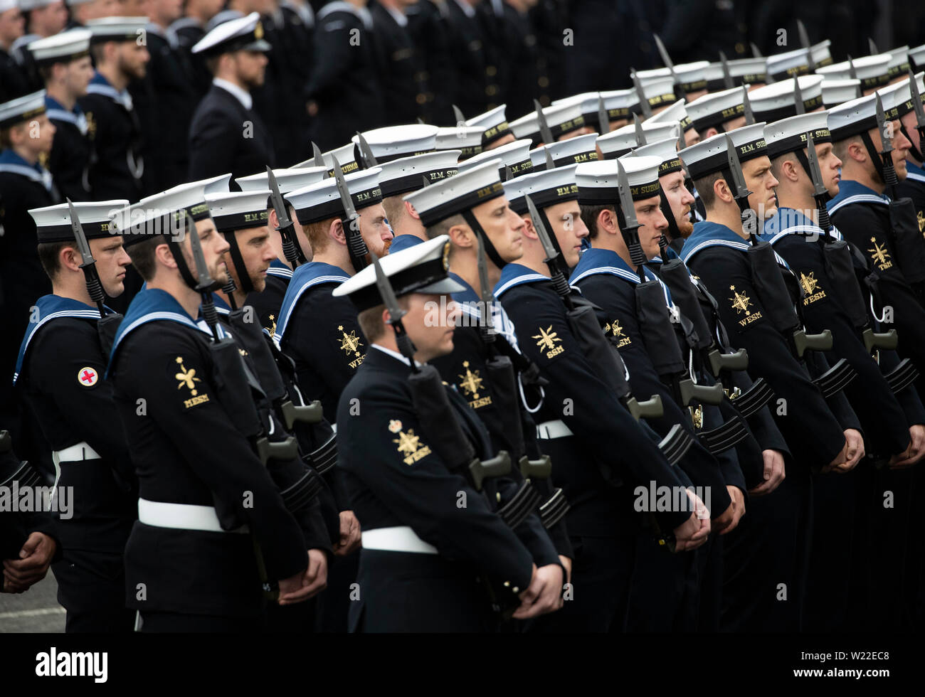 Members of the Royal Navy submariners during the parade in front of the Princess Royal, other serving members of the Royal Navy, veterans, families and support workers at HM Naval Base Clyde, the home of the UK Submarine Service at Faslane in Argyll and Bute, to mark 50 years of the Continuous At Sea Deterrent (CASD). Stock Photo