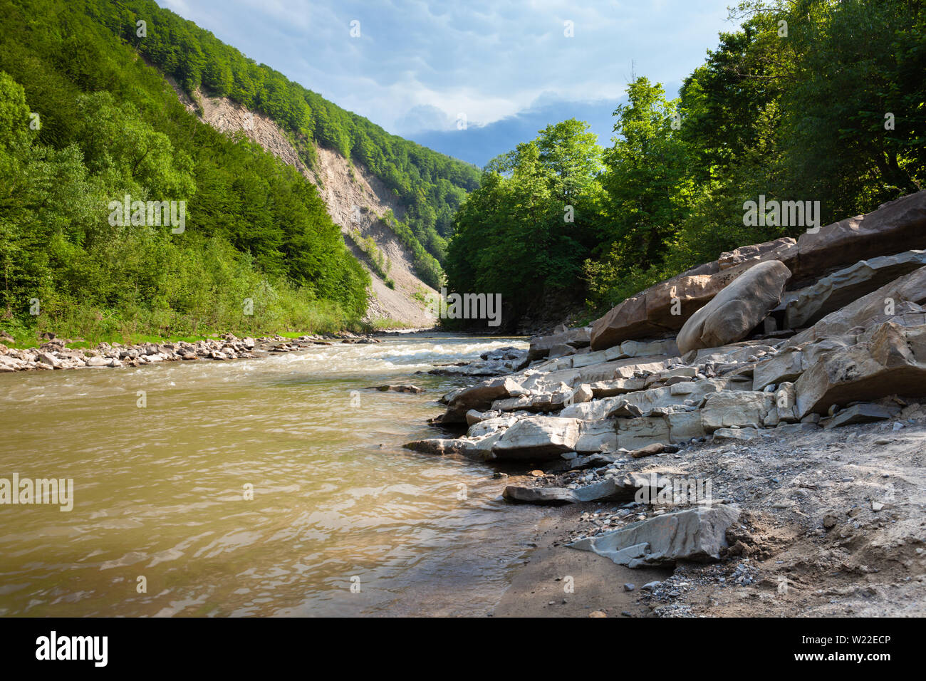 Beautiful landscape of the Carpathian mountains, forest,rocks and stones near fast river Prut in Yaremche town, Ukraine Stock Photo