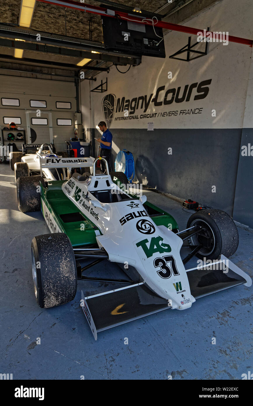 MAGNY-COURS, FRANCE, June 28, 2019 : F1 in the pits. French Historic Grand Prix takes place on Magny-Cours race track every two years. Stock Photo