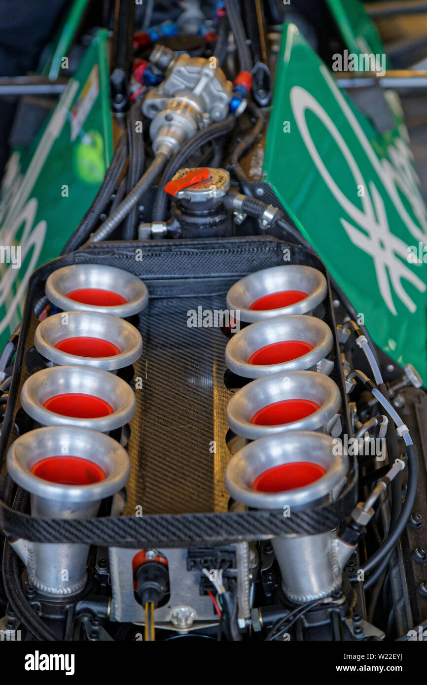 MAGNY-COURS, FRANCE, June 29, 2019 : Famous old V8 Cosworth. French Historic Grand Prix takes place on Magny-Cours race track every two years. Stock Photo