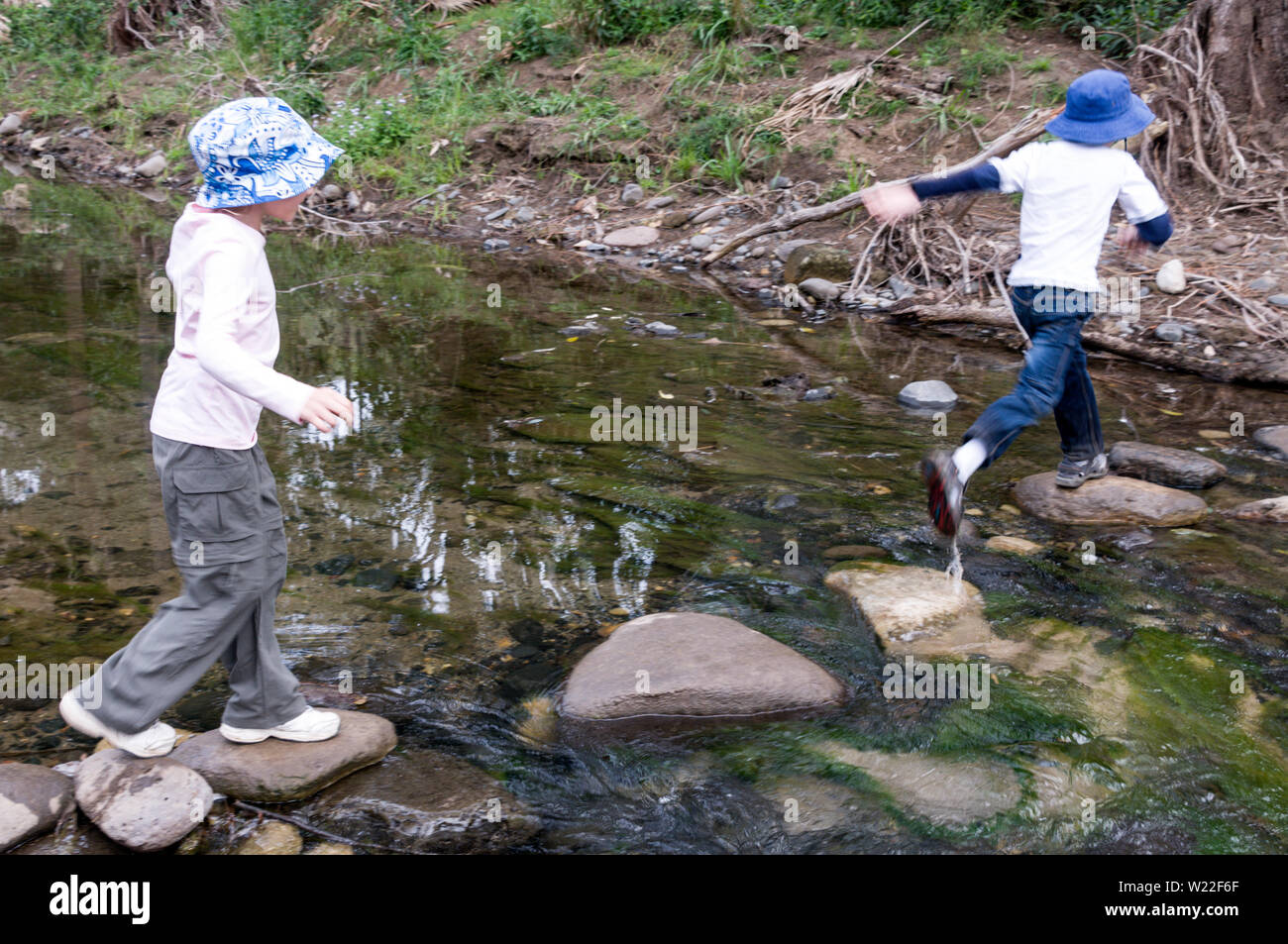 A couple of children crossing over a row of stepping stones across the Carnarvon Creek within the Carnarvon Gorge National Park in the Central Highlan Stock Photo