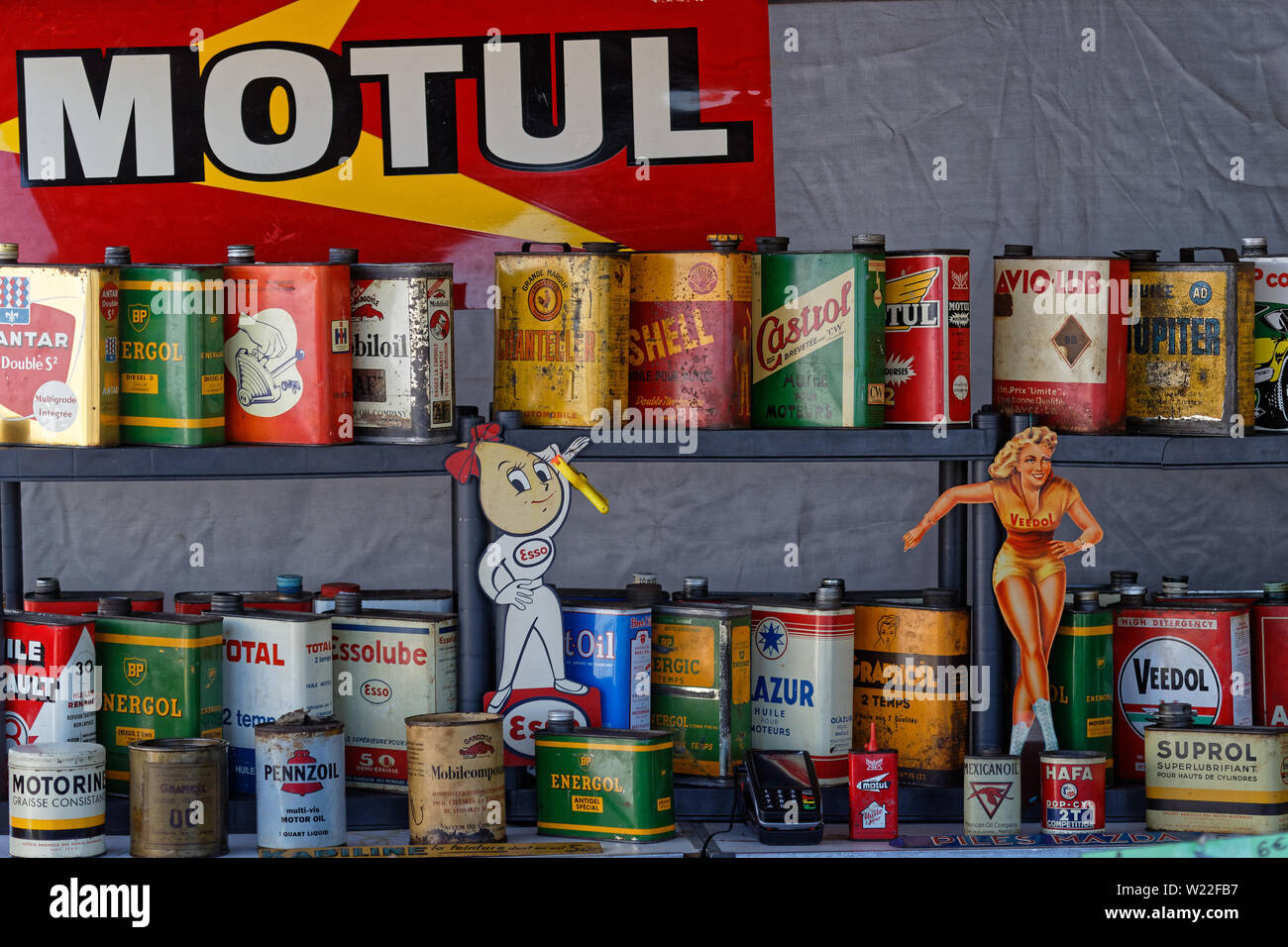 MAGNY-COURS, FRANCE, June 29, 2019 : Old famous oil cans. French Historic Grand Prix takes place on Magny-Cours race track every two years. Stock Photo