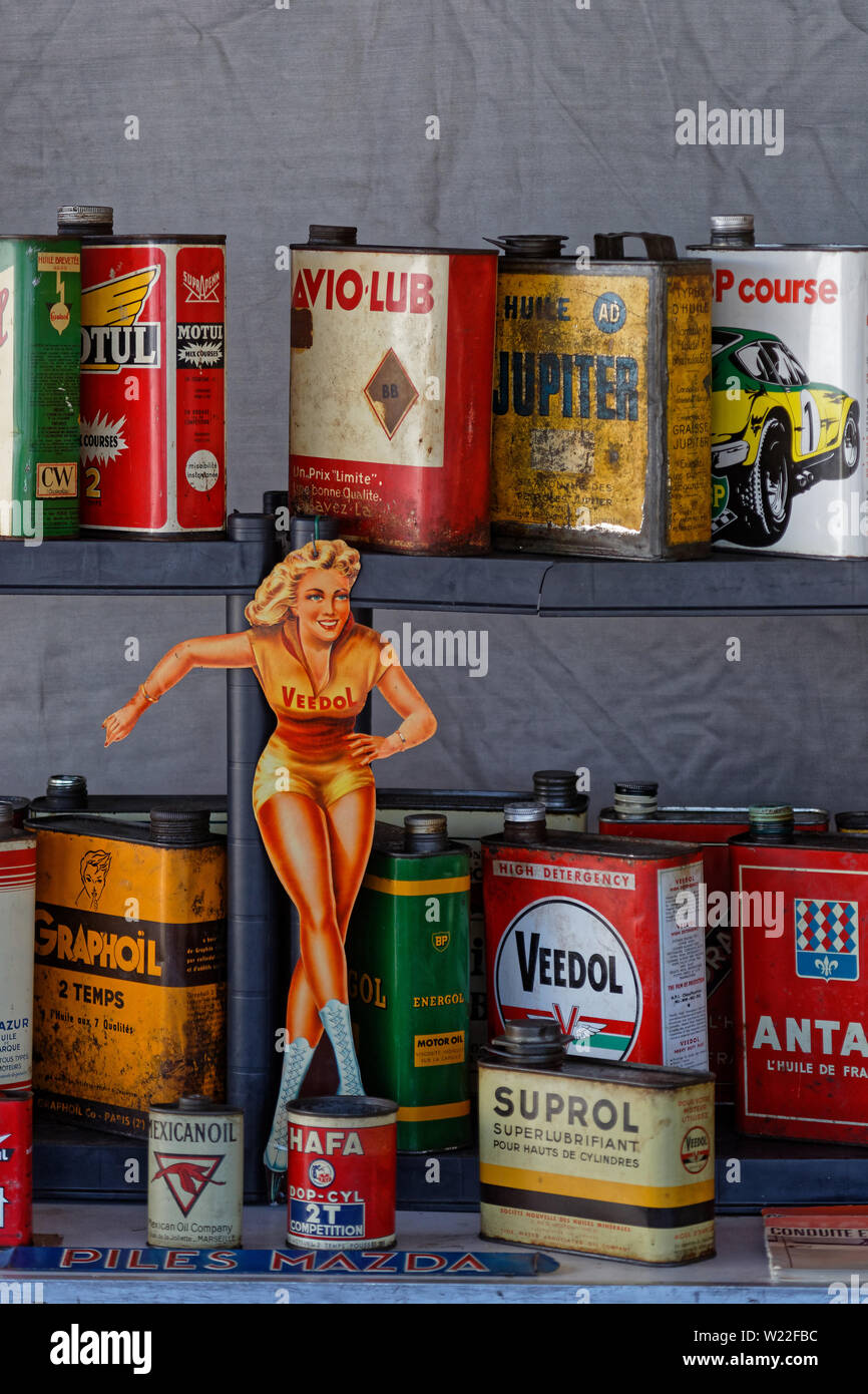 MAGNY-COURS, FRANCE, June 29, 2019 : Old famous oil cans. French Historic Grand Prix takes place on Magny-Cours race track every two years. Stock Photo