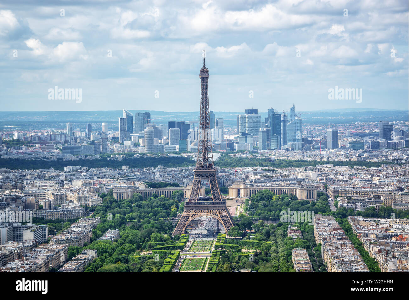 Aerial scenic view of Paris with the Eiffel tower and la Defense business district skyline, France and Europe city travel concept Stock Photo