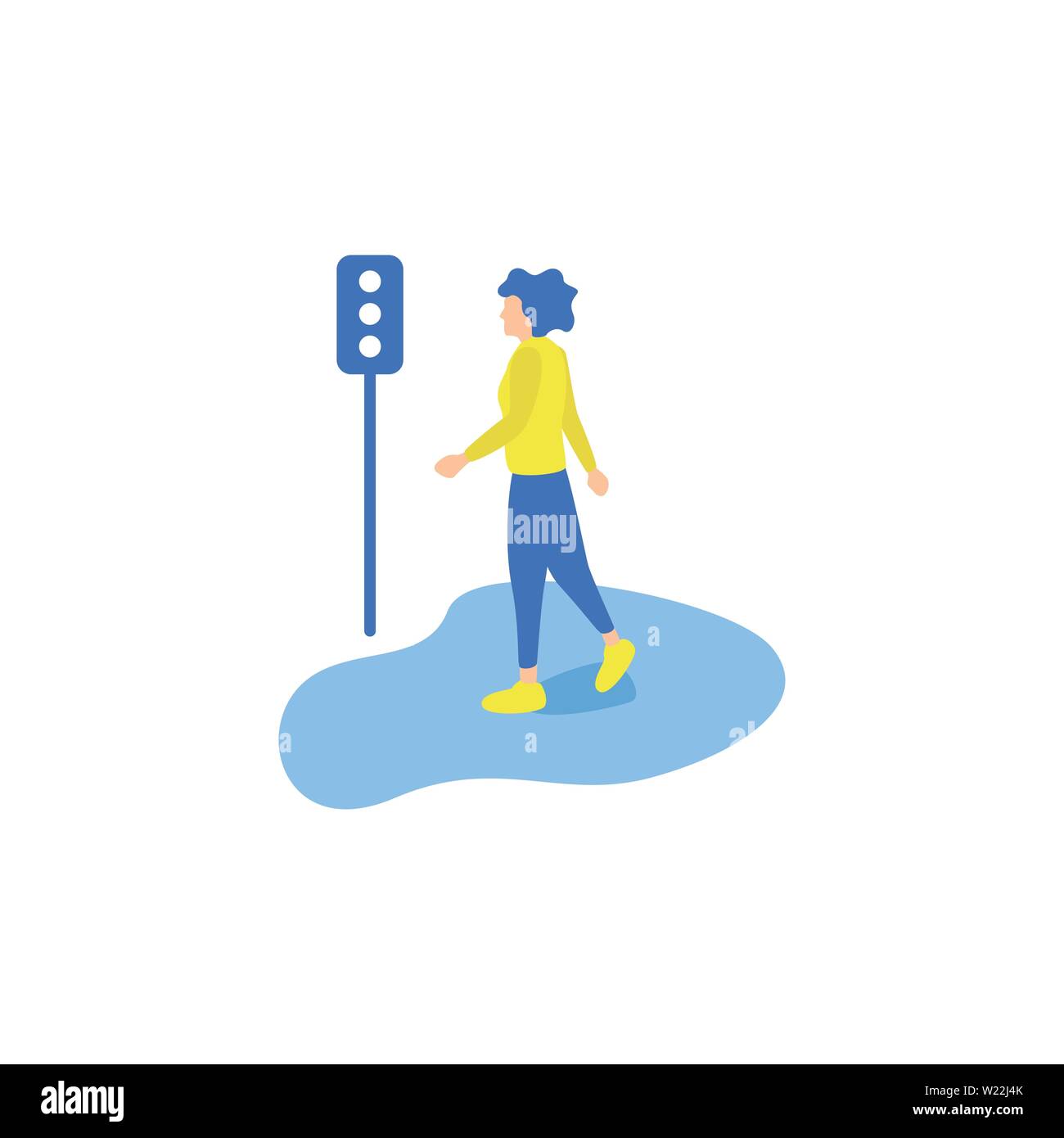 Flat Design Illustration of a Woman Walking Through a Traffic Lamp, Business Activities Walking Stock Vector