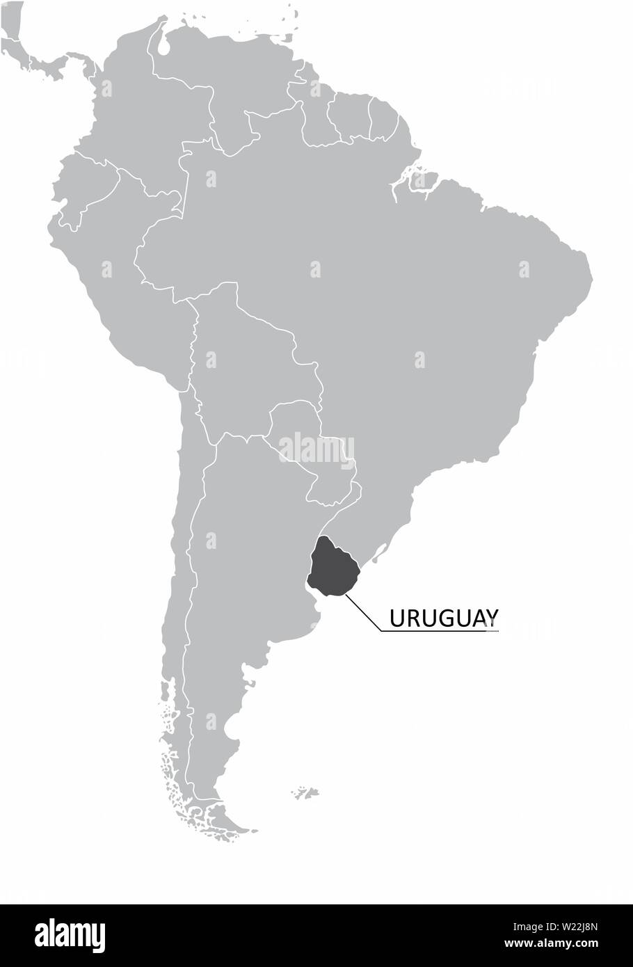 A gray South America map with the highlighted Uruguay territory Stock Vector