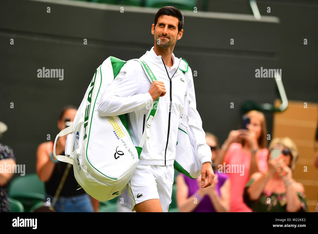 Novak Djokovic ahead of his third round match against Hubert Hurkacz on day five of the Wimbledon Championships at the All England Lawn Tennis and Croquet Club, Wimbledon. Stock Photo