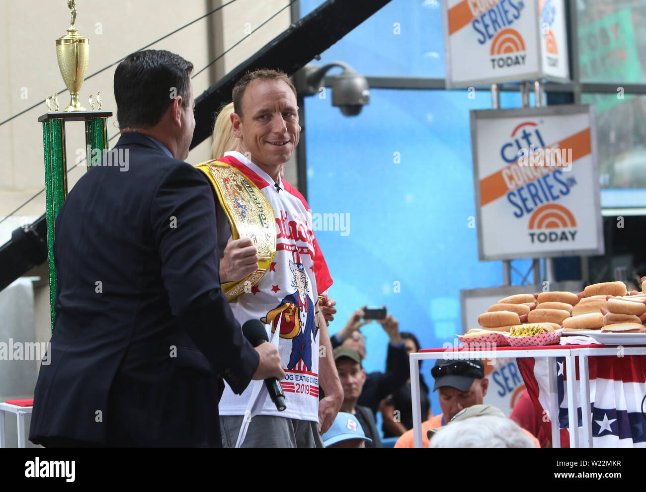New York, NY, USA. 05th July, 2019. Joey Chestnut at NBC's Today Show to talk about his win in downing 71 hot dogs and Miki Sudo's win with downing 31 hot dogs at the 2019 Nathan's Hot Dog Eating Contest in New York City on July 05, 2019. Credit: Rw/Media Punch/Alamy Live News Stock Photo