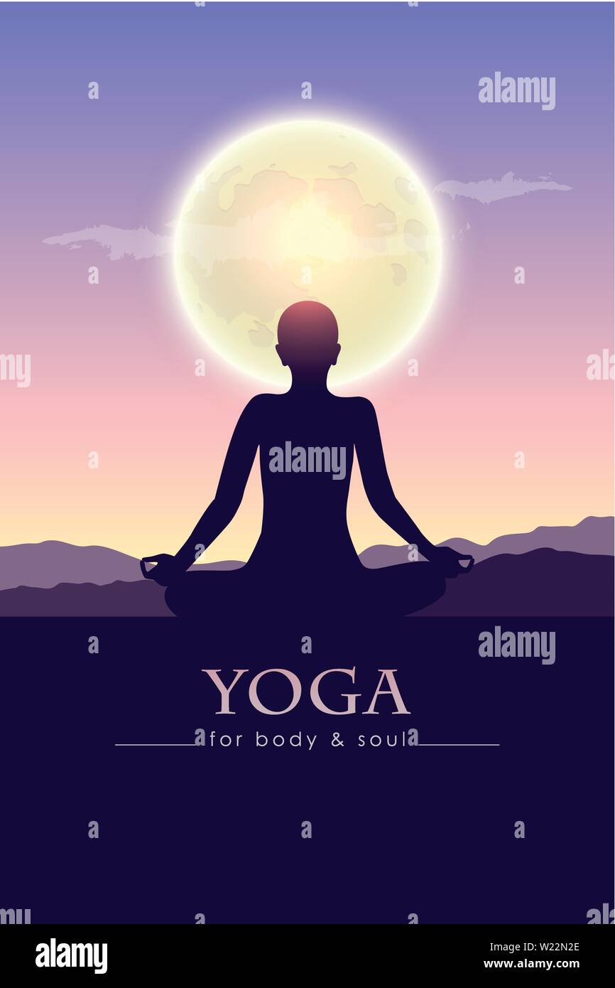 yoga for body and soul meditating person silhouette by full moon vector illustration EPS10 Stock Vector