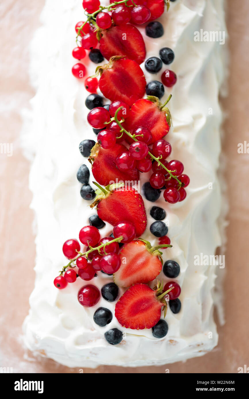 Sponge Biscuit Cake Roll Filling Whipped Cream And Berries
