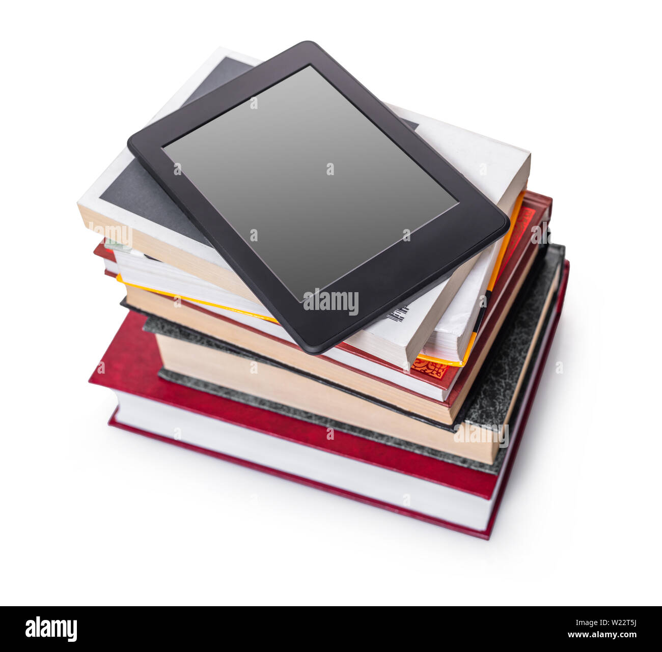 electronic and paper books on white isolated background Stock Photo - Alamy