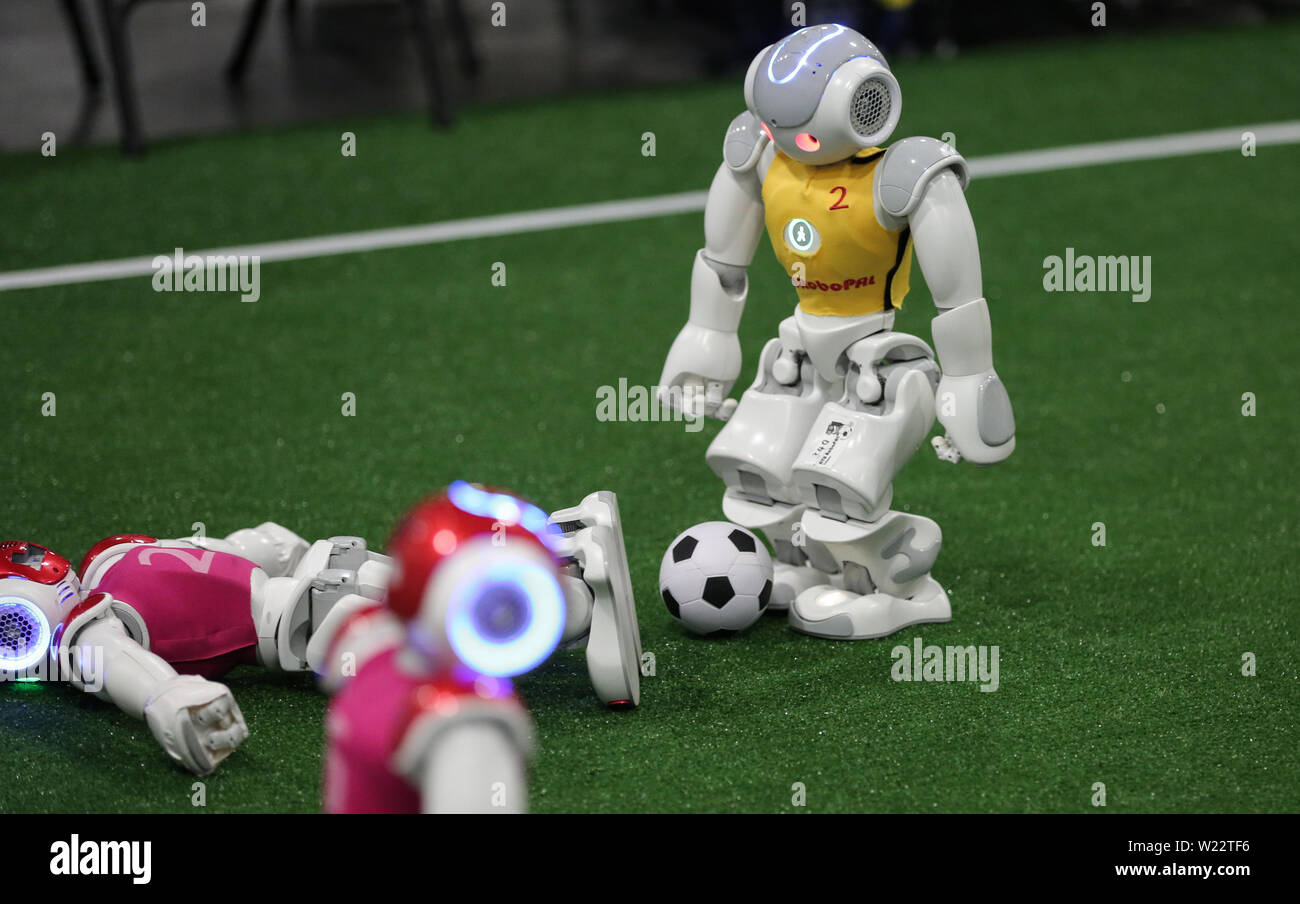 Sydney, Australia. 5th July, 2019. Robots play football during the Standard  Platform League competition at the RoboCup 2019 event in Sydney, Australia,  July 5, 2019. Some of the world's best robotics engineers,