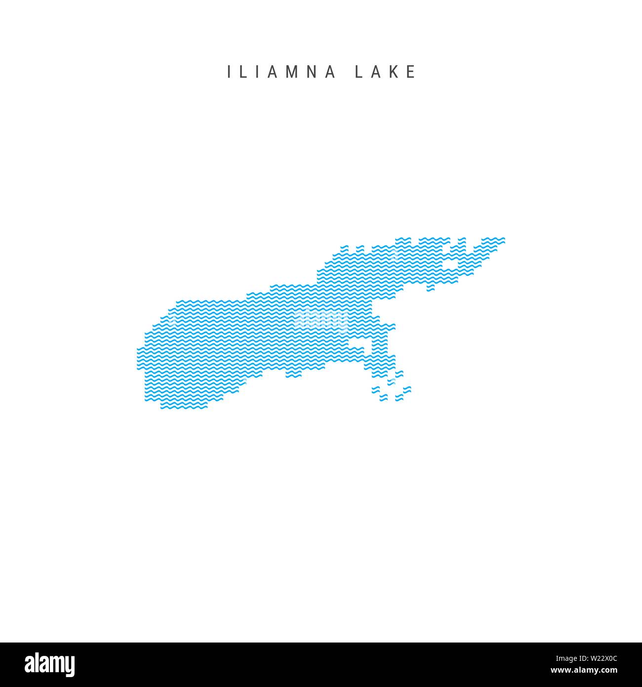 Vector Blue Wave Pattern Map of Iliamna Lake, One of the Lakes of North America. Wavy Line Pattern Silhouette of Iliamna Lake. Stock Vector